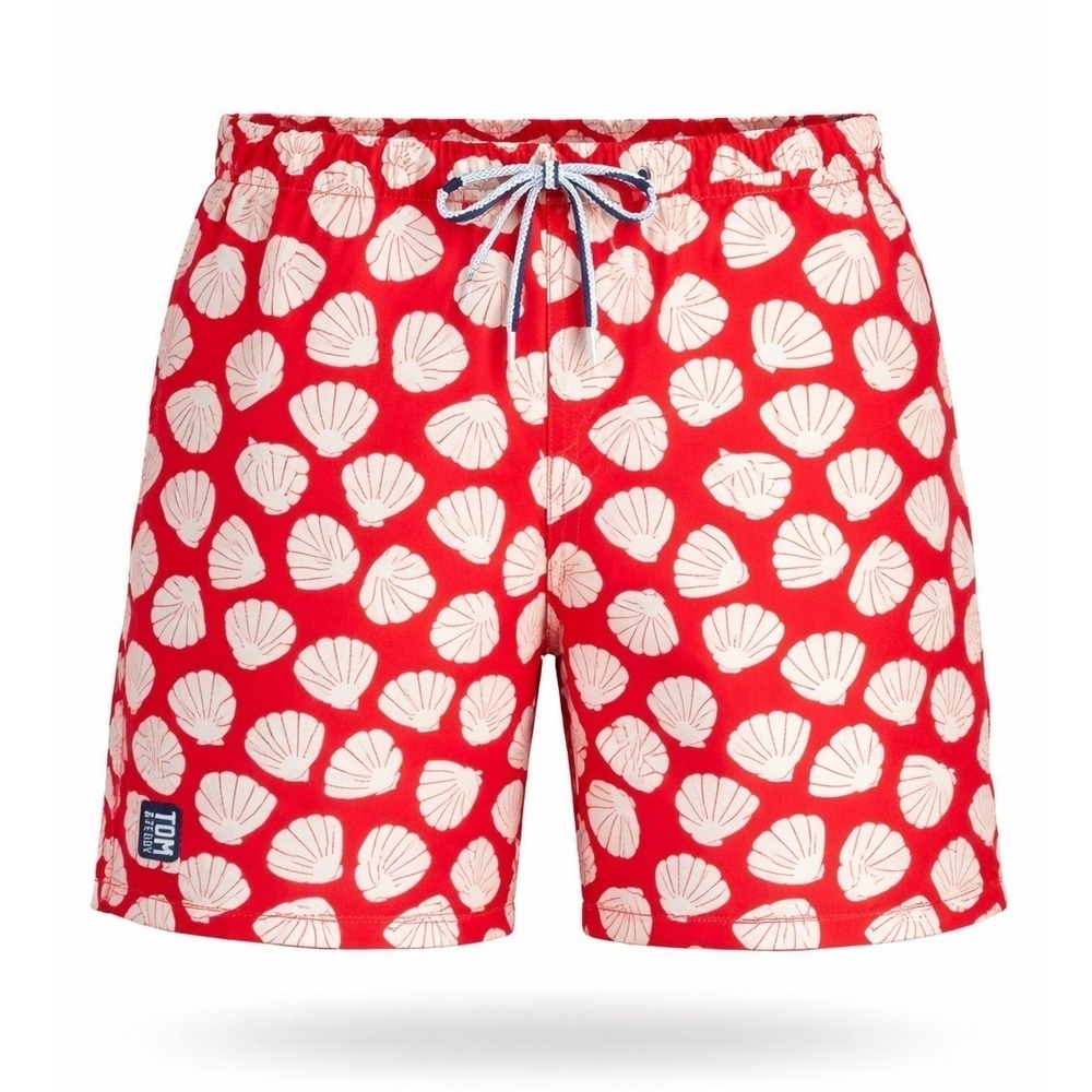 Tom & Teddy Red Shell Print Swim Trunks Size‎ L Mesh Lined